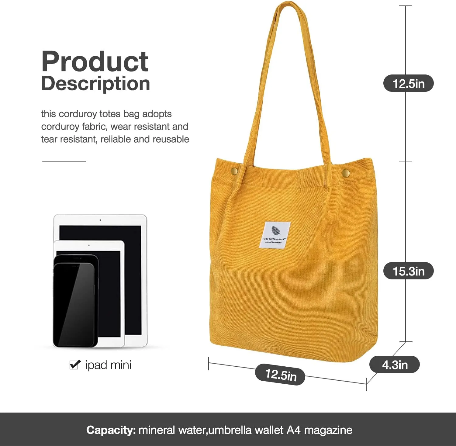 Tote Women Girls, Large Capacity Corduroy Reusable Grocery Shoulder Bag with Inner Pockets