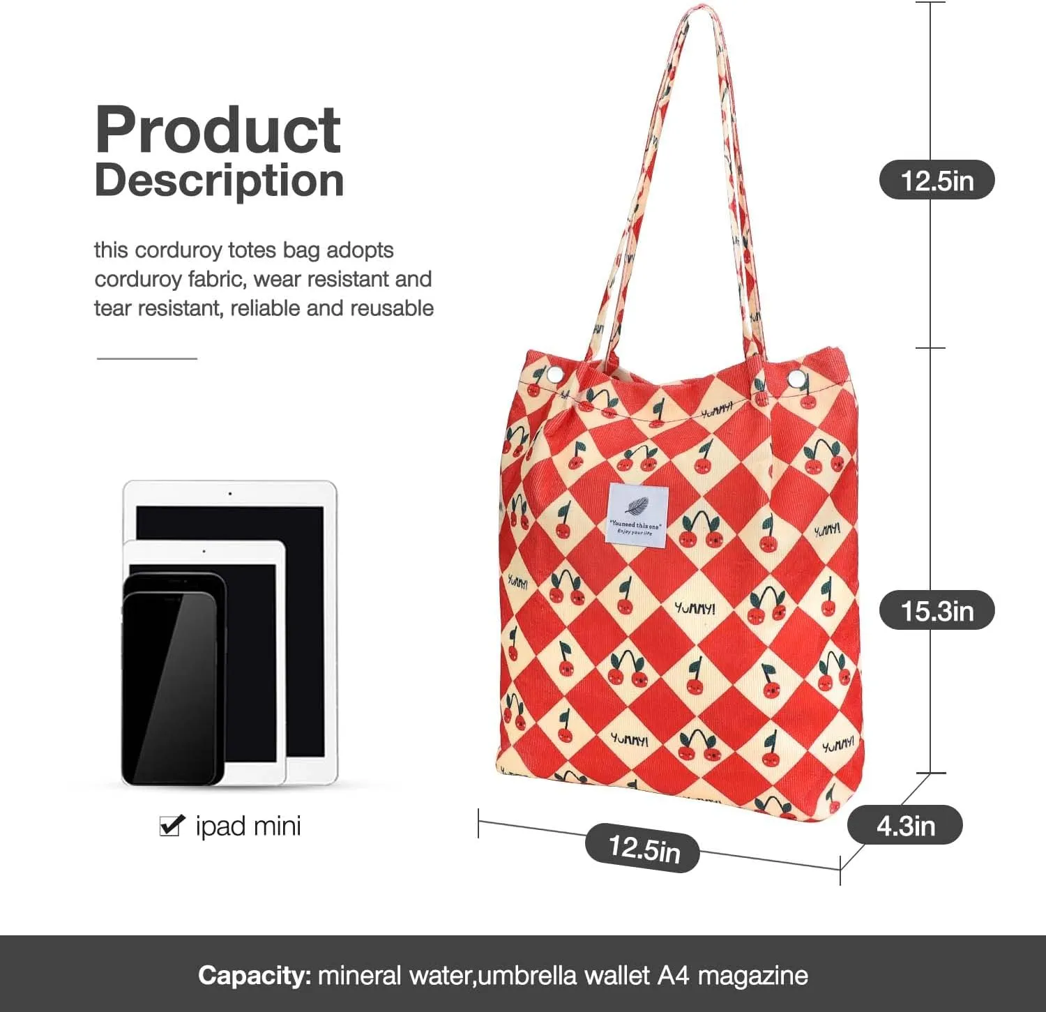 Tote Women Girls, Large Capacity Corduroy Reusable Grocery Shoulder Bag with Inner Pockets