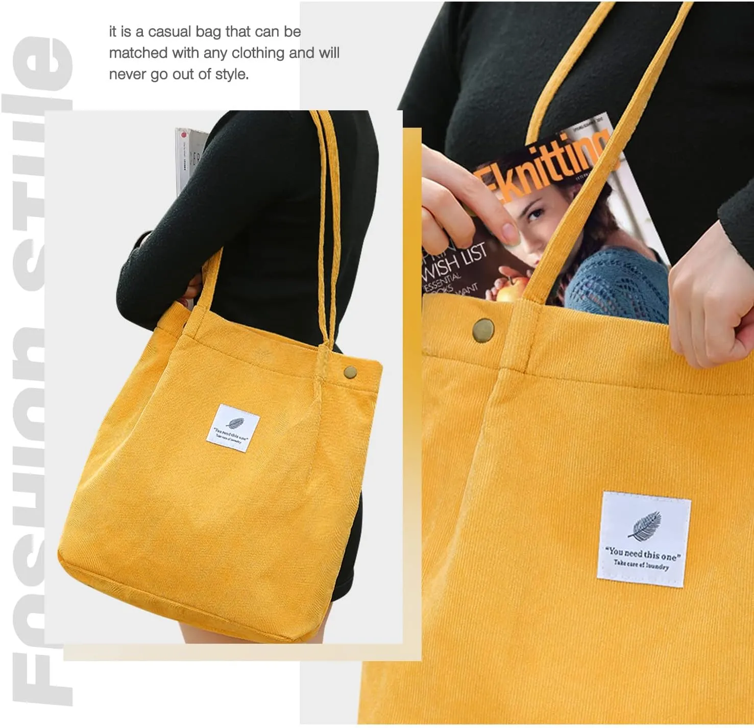 Tote Women Girls, Large Capacity Corduroy Reusable Grocery Shoulder Bag with Inner Pockets
