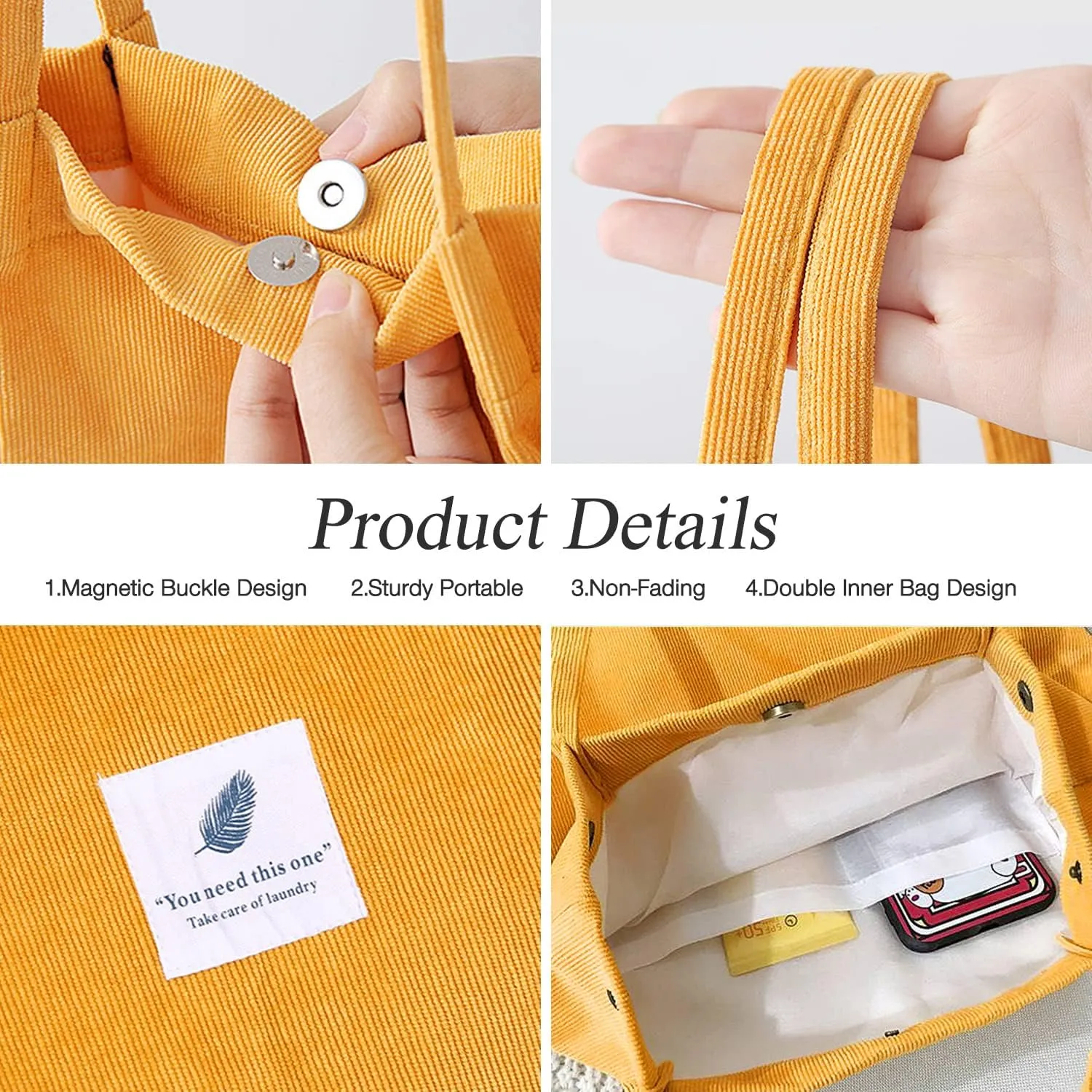 Tote Women Girls, Large Capacity Corduroy Reusable Grocery Shoulder Bag with Inner Pockets