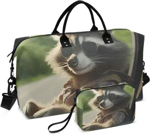 Travel Duffel Bags for Unisex-Adult, Personal Item Travel Duffel Bag with Shoes Compartment, Carry On Bag for Women, Travel, Gym, Weekend,Raccoon Driving