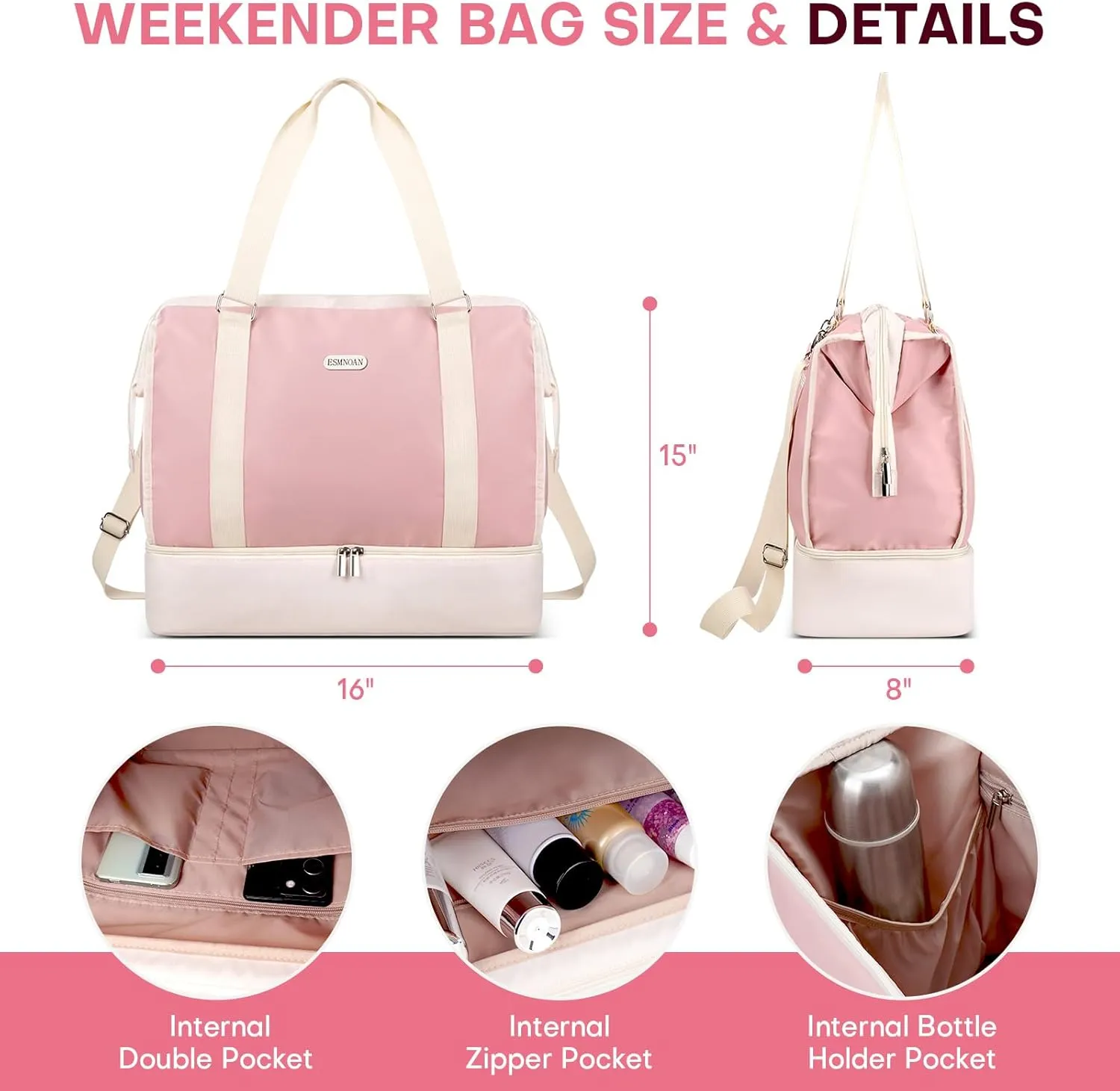 Travel Duffel Bags for Women with Wet Dry Separation and Shoe Compartment, Weekender Bags for Women for Airplane Travel, Trip, Gym, Labor and Delivery, Pink B
