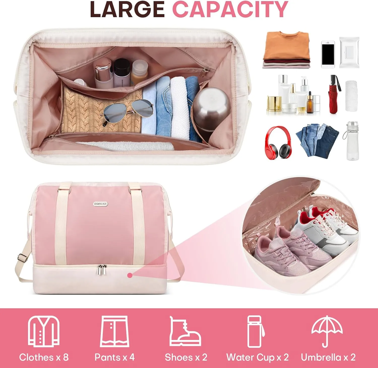 Travel Duffel Bags for Women with Wet Dry Separation and Shoe Compartment, Weekender Bags for Women for Airplane Travel, Trip, Gym, Labor and Delivery, Pink B