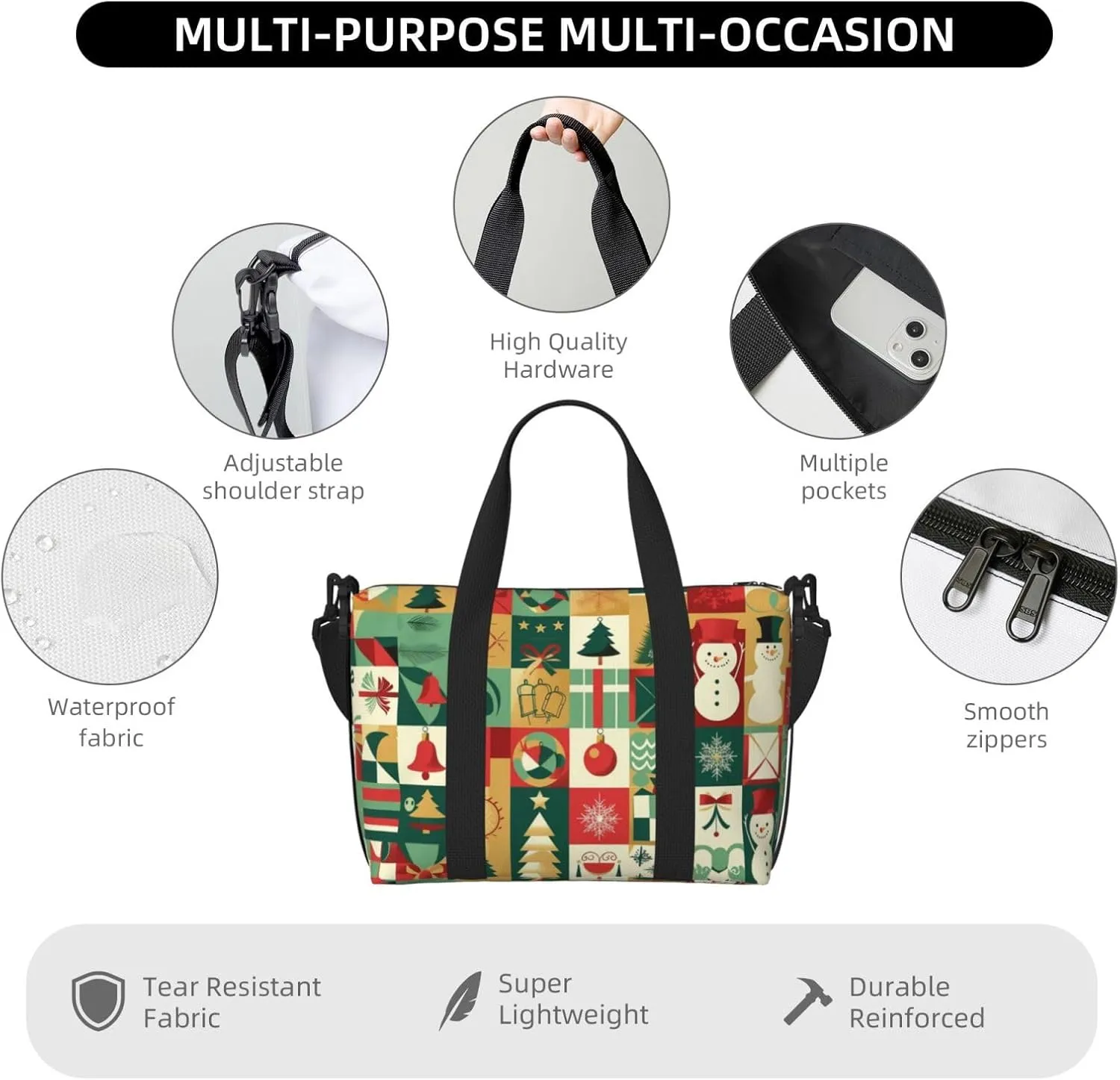 Travel Duffle Bag Christmas Patchwork Weekender Overnight Bags Luggage Bag for Women Men Waterproof Sports Gym Bag Hand Bag with Shoulder Strap