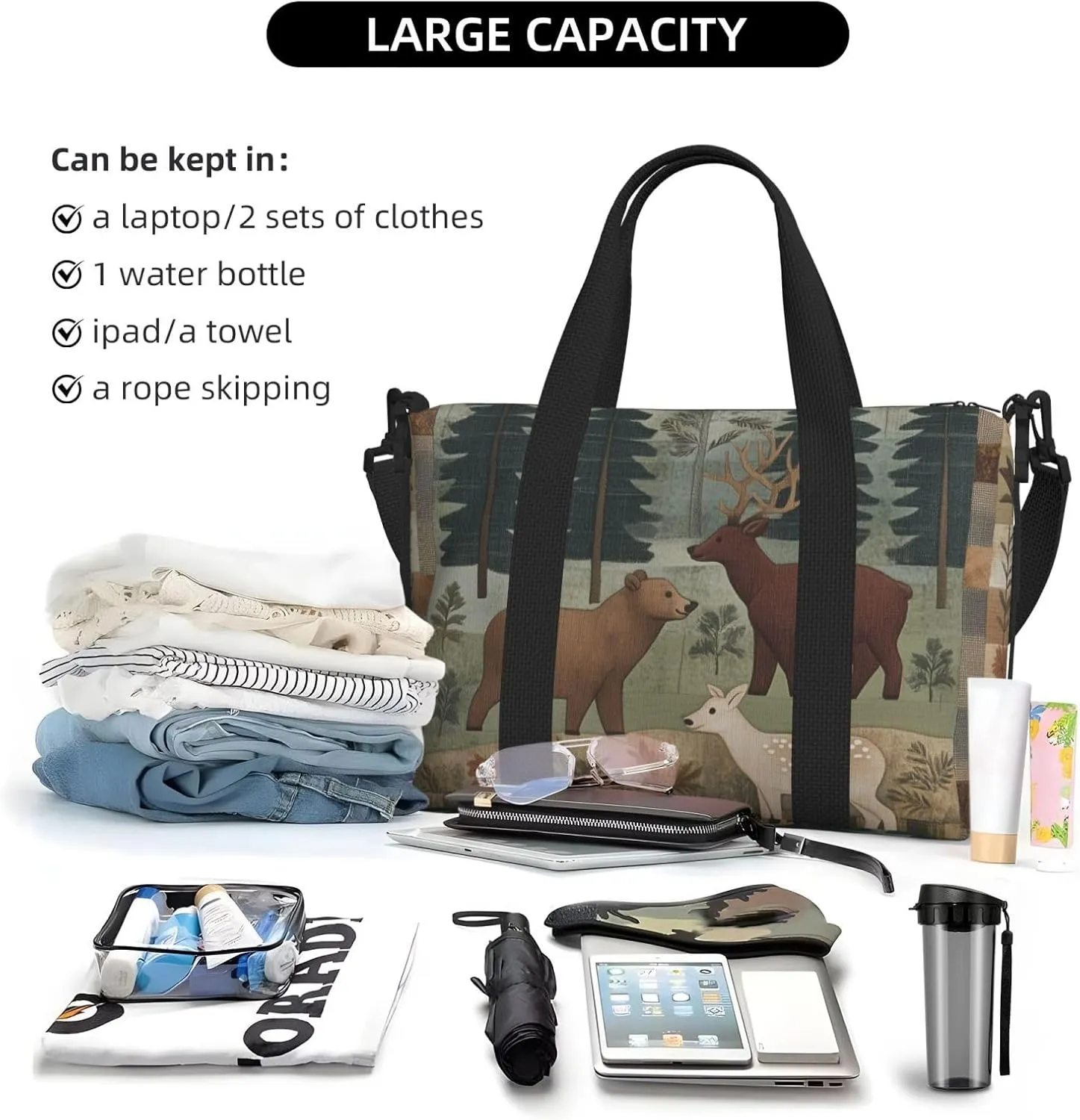 Travel Duffle Bag Farmhouse Bear Deer Patchwork Weekender Overnight Bags Luggage Bag for Women Men Waterproof Sports Gym Bag Hand Bag with Shoulder Strap