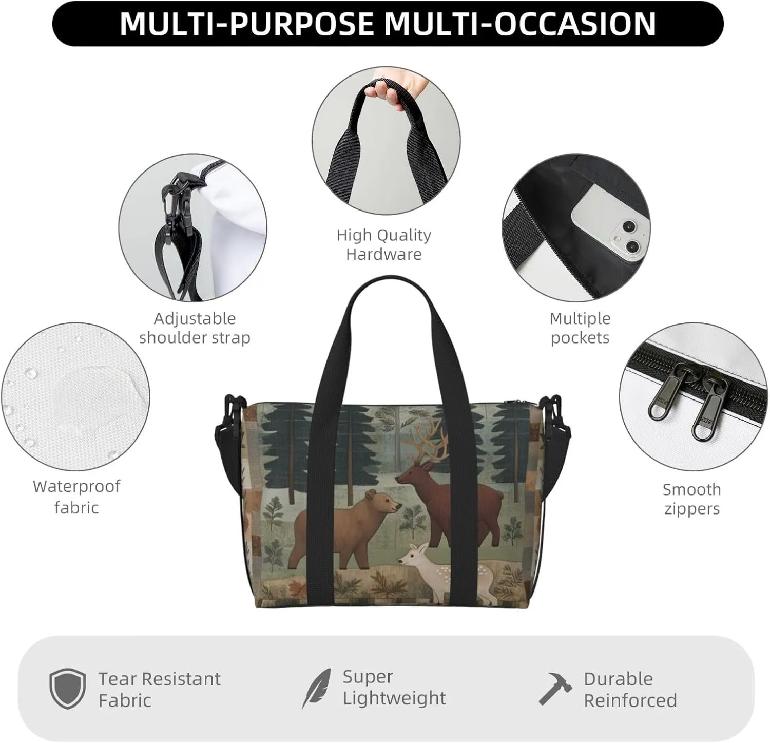 Travel Duffle Bag Farmhouse Bear Deer Patchwork Weekender Overnight Bags Luggage Bag for Women Men Waterproof Sports Gym Bag Hand Bag with Shoulder Strap