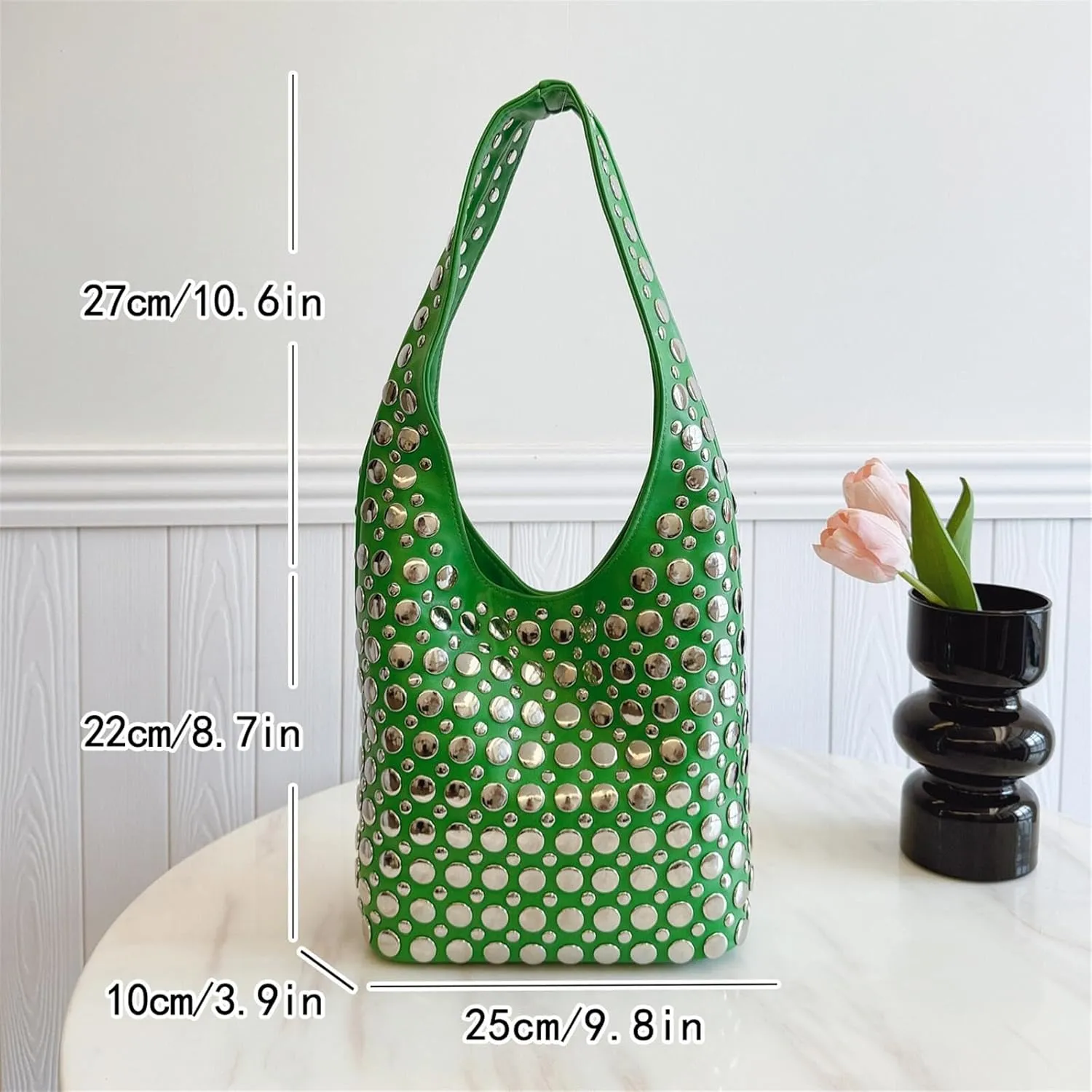 Trendy Punk Studded Shoulder Bag Vegan Leather Bucket Hobo Handbag for Women Y2K Fashion Tote Purse