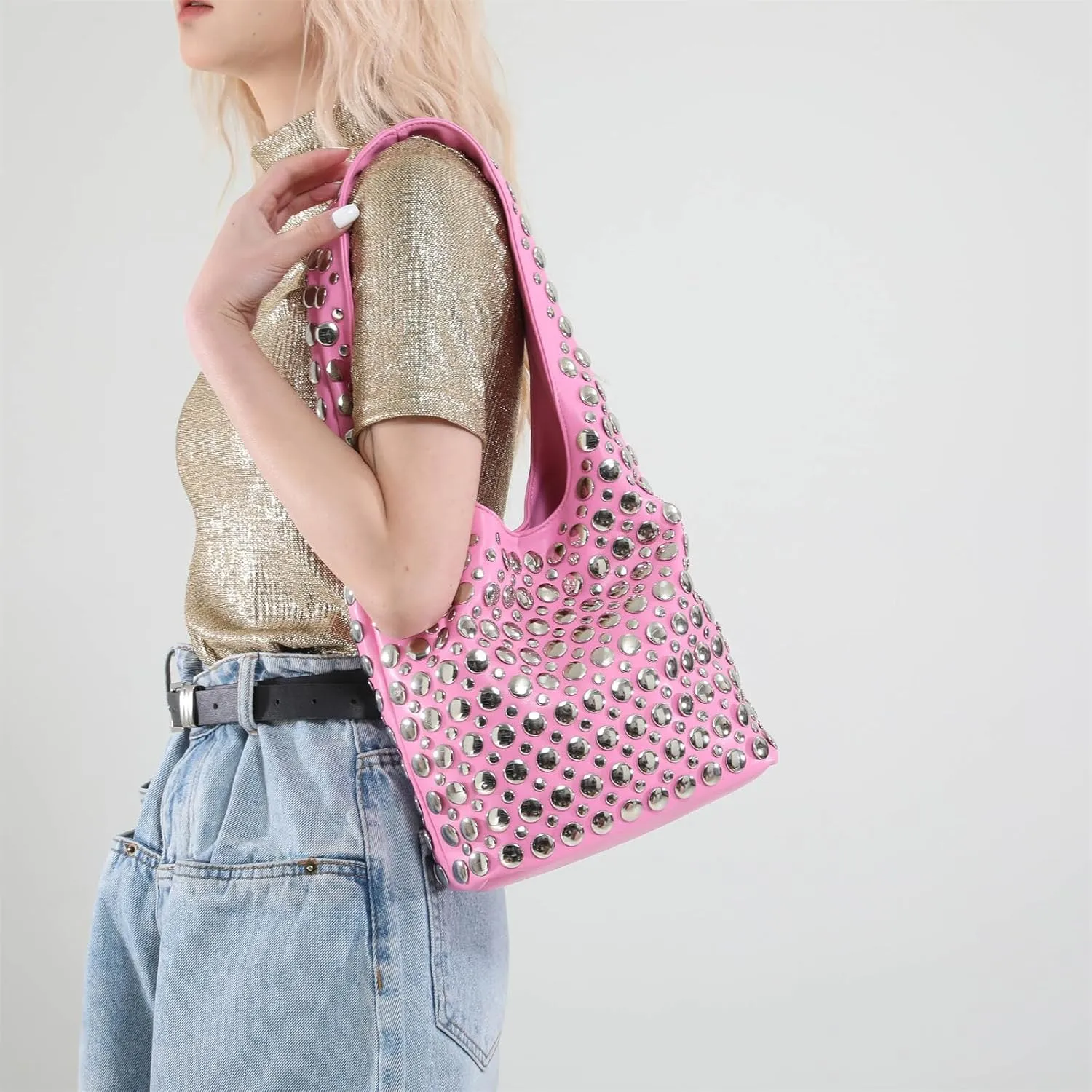 Trendy Punk Studded Shoulder Bag Vegan Leather Bucket Hobo Handbag for Women Y2K Fashion Tote Purse