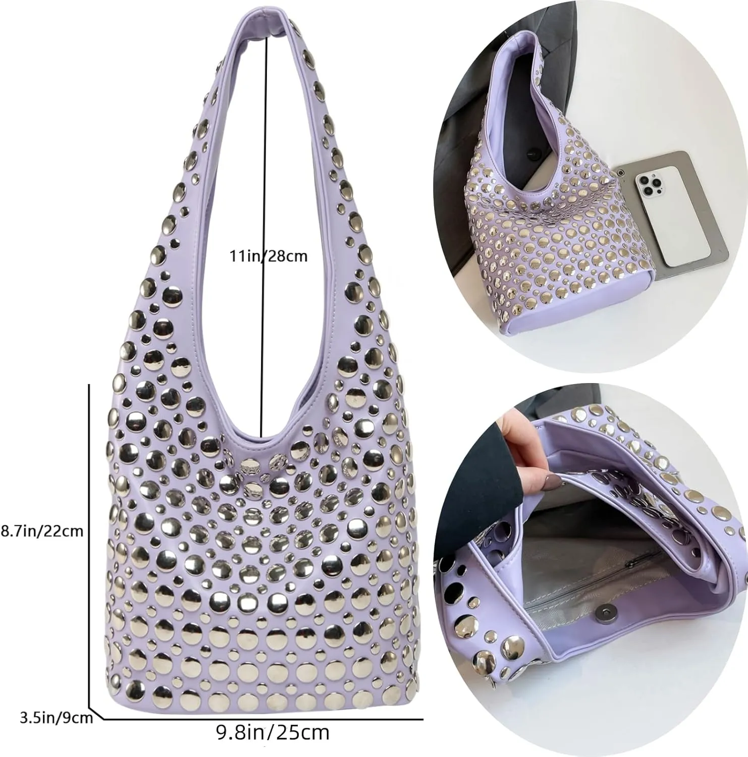 Trendy Punk Studded Shoulder Bag Vegan Leather Bucket Hobo Handbag for Women Y2K Fashion Tote Purse