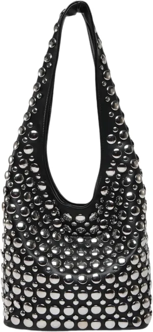 Trendy Punk Studded Shoulder Bag Vegan Leather Bucket Hobo Handbag for Women Y2K Fashion Tote Purse