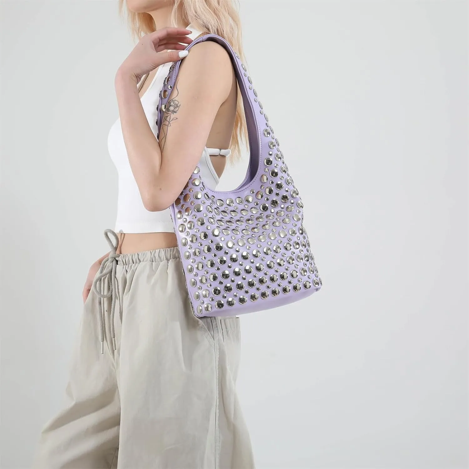 Trendy Punk Studded Shoulder Bag Vegan Leather Bucket Hobo Handbag for Women Y2K Fashion Tote Purse