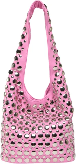 Trendy Punk Studded Shoulder Bag Vegan Leather Bucket Hobo Handbag for Women Y2K Fashion Tote Purse