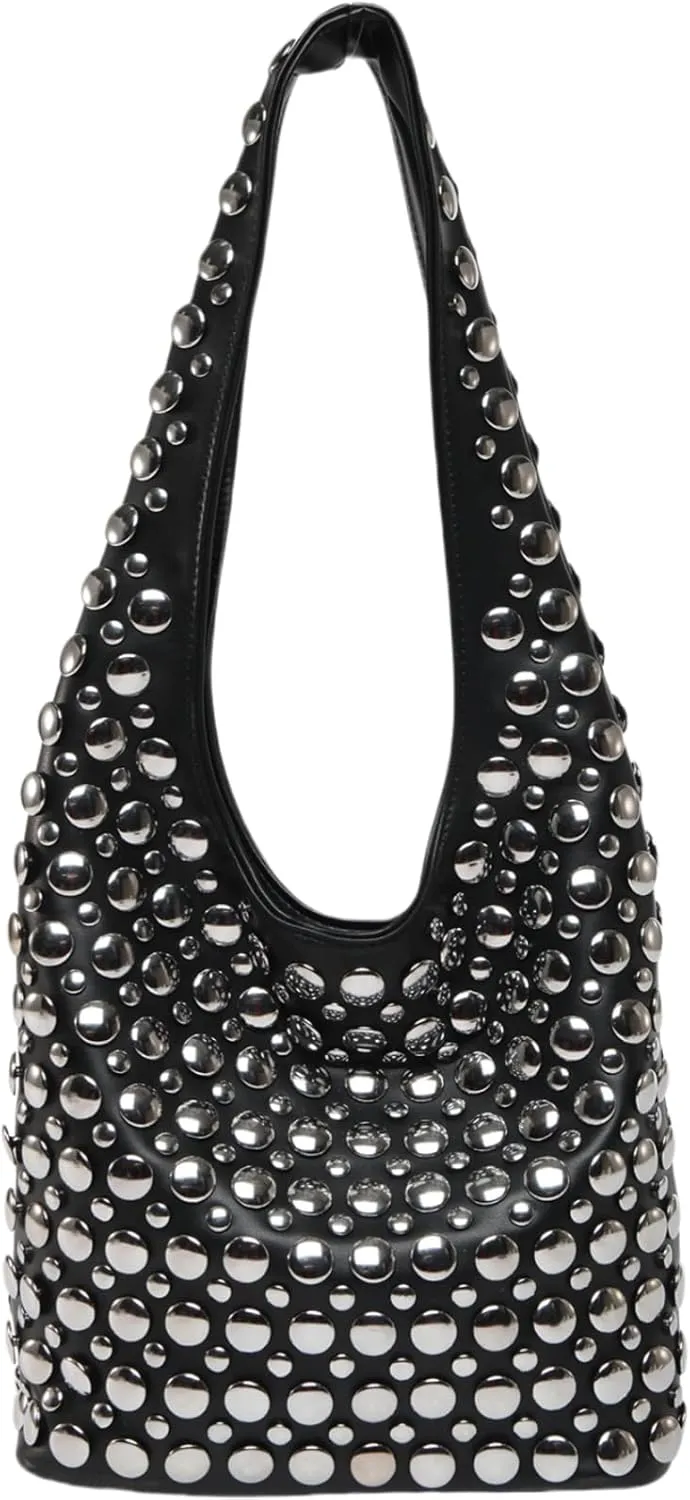 Trendy Punk Studded Shoulder Bag Vegan Leather Bucket Hobo Handbag for Women Y2K Fashion Tote Purse