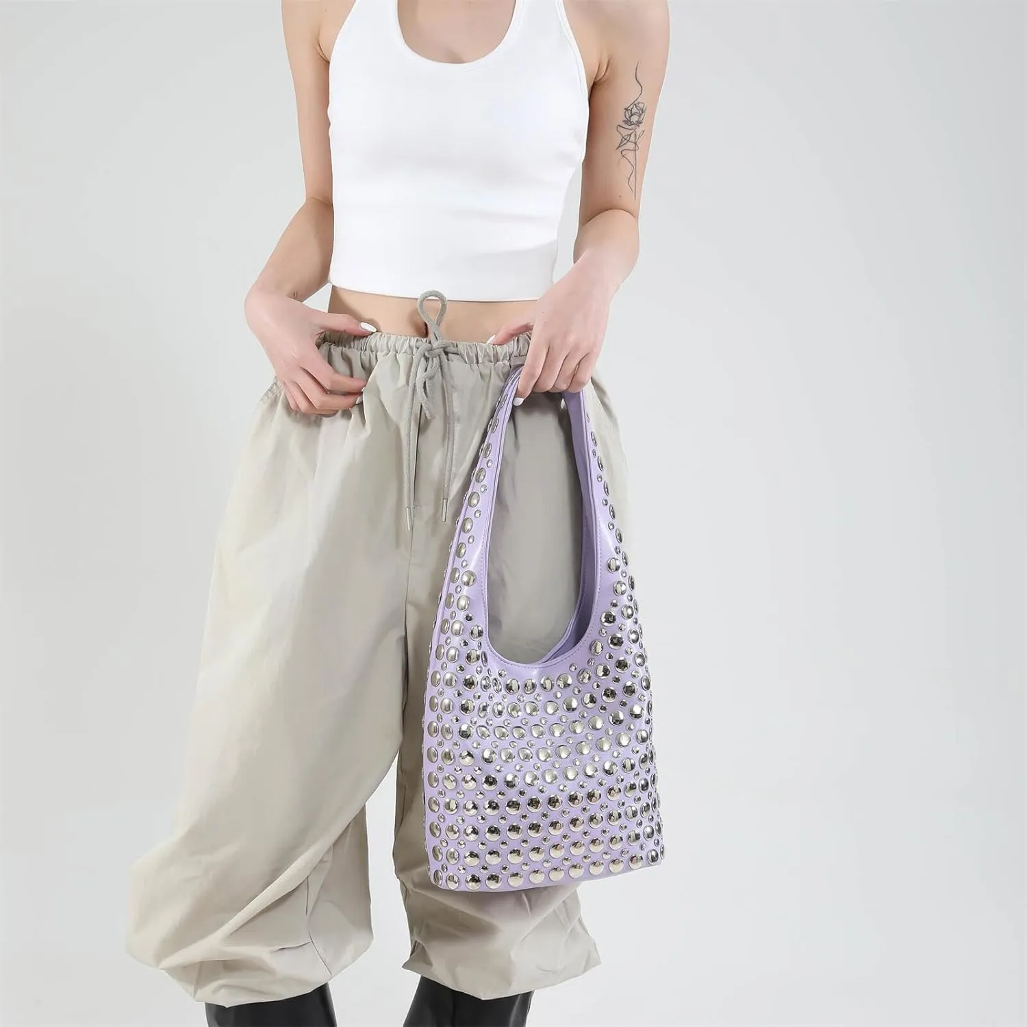 Trendy Punk Studded Shoulder Bag Vegan Leather Bucket Hobo Handbag for Women Y2K Fashion Tote Purse