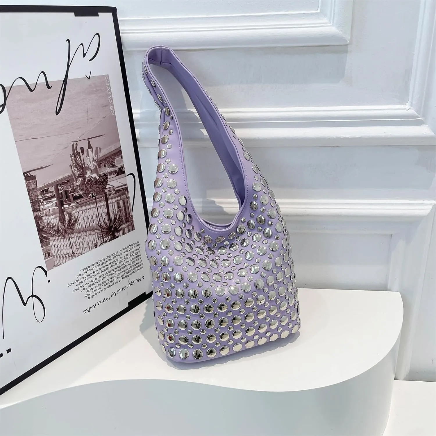 Trendy Punk Studded Shoulder Bag Vegan Leather Bucket Hobo Handbag for Women Y2K Fashion Tote Purse
