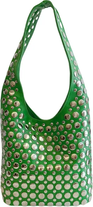 Trendy Punk Studded Shoulder Bag Vegan Leather Bucket Hobo Handbag for Women Y2K Fashion Tote Purse