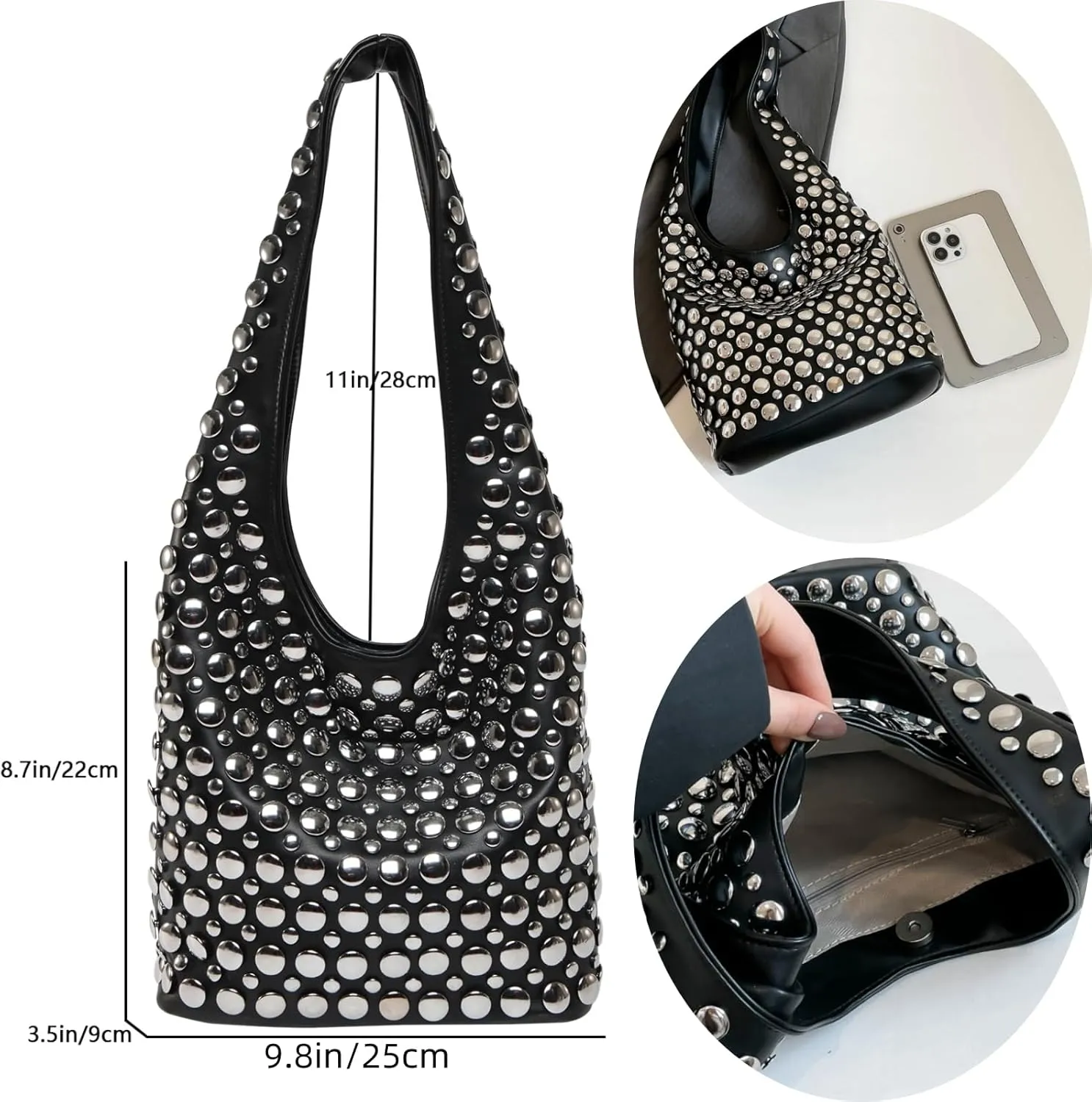 Trendy Punk Studded Shoulder Bag Vegan Leather Bucket Hobo Handbag for Women Y2K Fashion Tote Purse