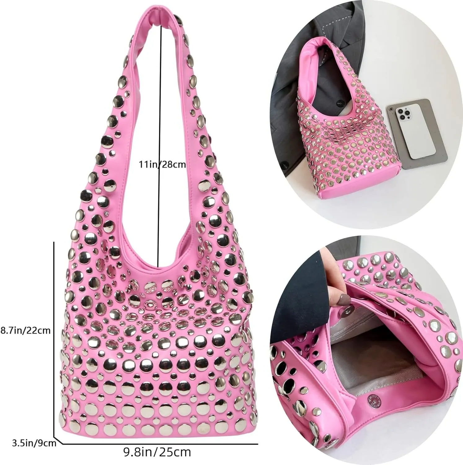 Trendy Punk Studded Shoulder Bag Vegan Leather Bucket Hobo Handbag for Women Y2K Fashion Tote Purse