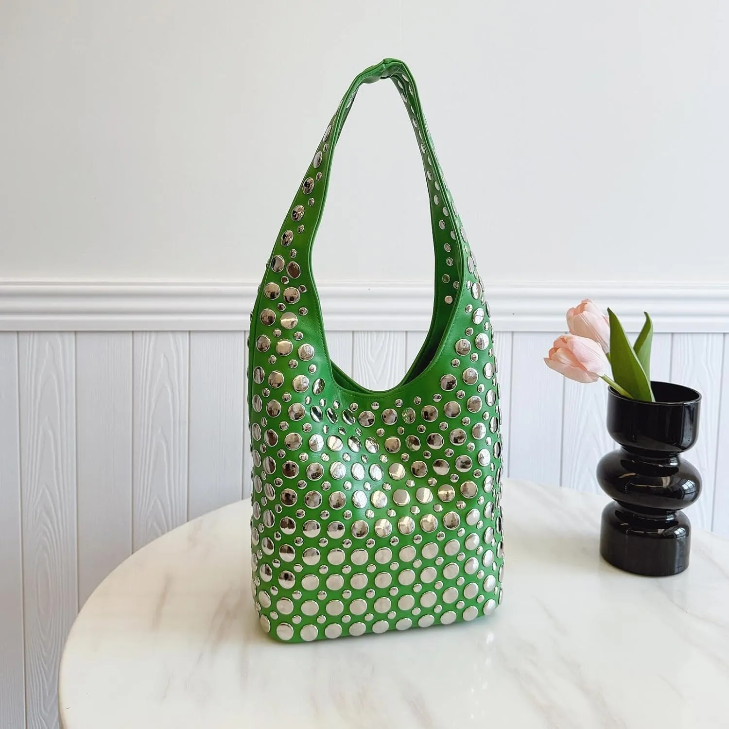 Trendy Punk Studded Shoulder Bag Vegan Leather Bucket Hobo Handbag for Women Y2K Fashion Tote Purse