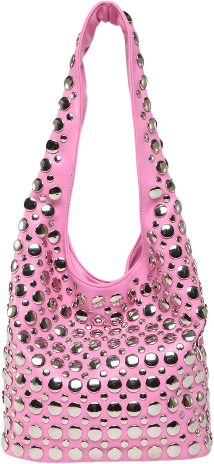 Trendy Punk Studded Shoulder Bag Vegan Leather Bucket Hobo Handbag for Women Y2K Fashion Tote Purse