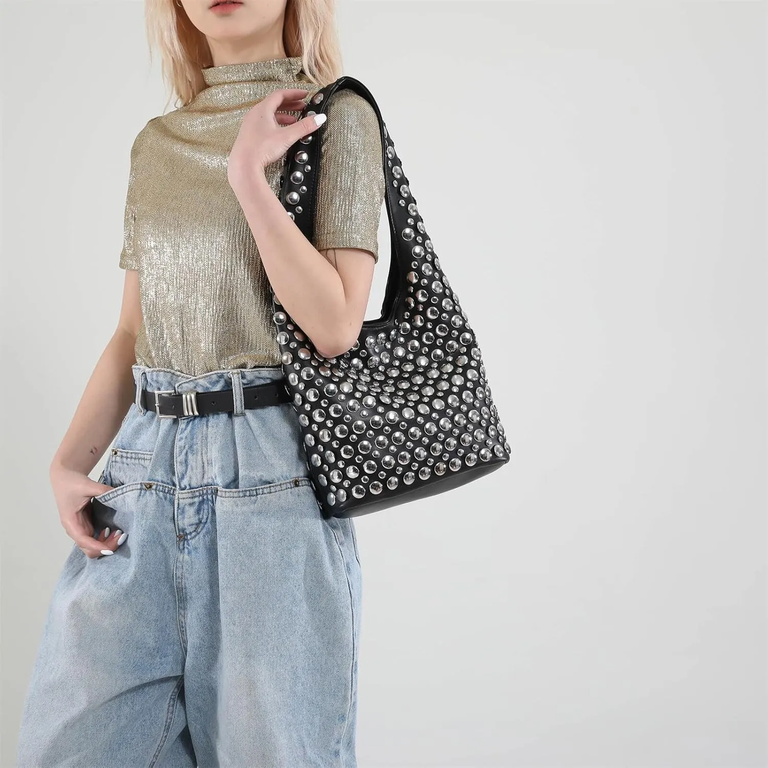 Trendy Punk Studded Shoulder Bag Vegan Leather Bucket Hobo Handbag for Women Y2K Fashion Tote Purse