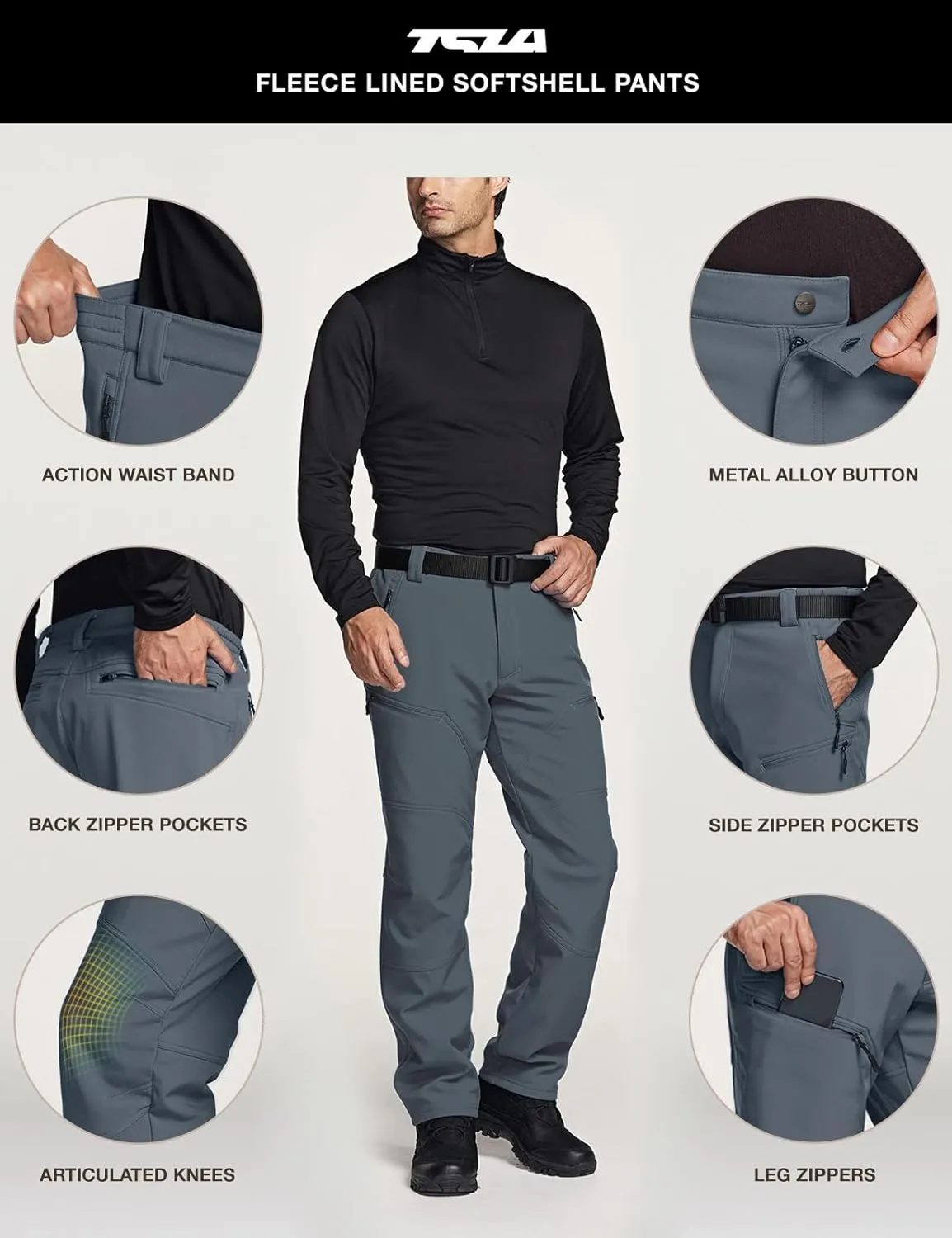 TSLA Men's Snow Ski Snowboard Waterproof Softshell Cargo Pants, Hiking Fleece Lined Bottoms, Outdoor Work Pants