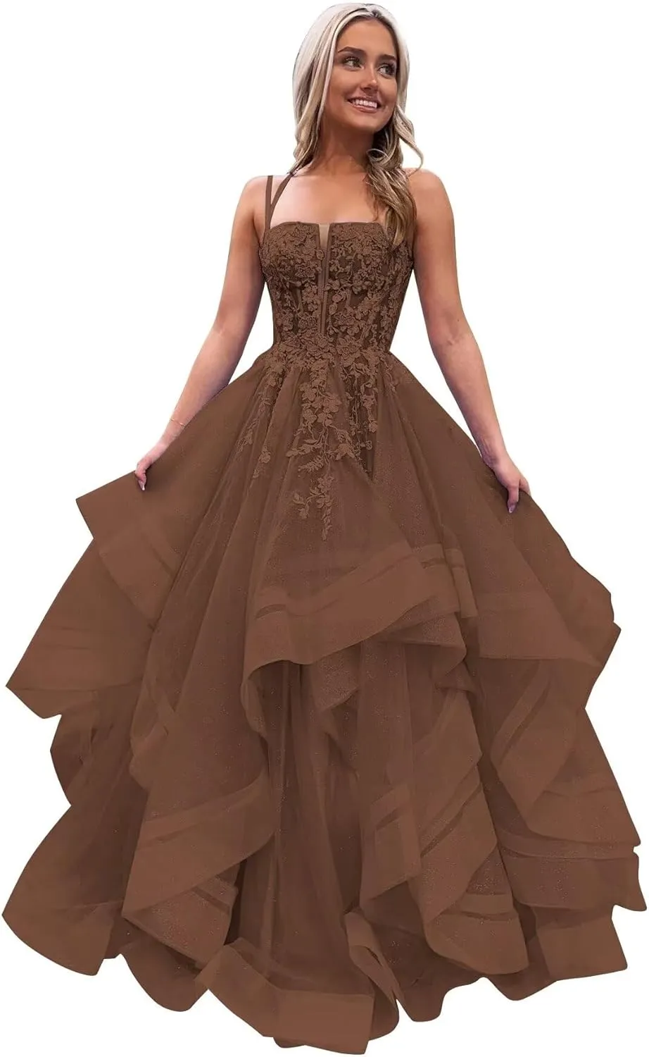 Tulle Glitter Prom Dresses Long A-Line Spaghetti Straps Tiered Appliques Laces Formal Evening Gowns