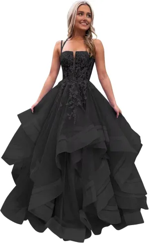 Tulle Glitter Prom Dresses Long A-Line Spaghetti Straps Tiered Appliques Laces Formal Evening Gowns