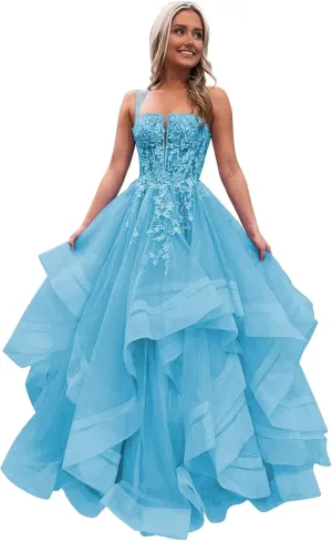 Tulle Glitter Prom Dresses Long A-Line Spaghetti Straps Tiered Appliques Laces Formal Evening Gowns