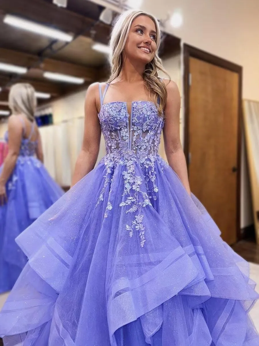 Tulle Glitter Prom Dresses Long A-Line Spaghetti Straps Tiered Appliques Laces Formal Evening Gowns