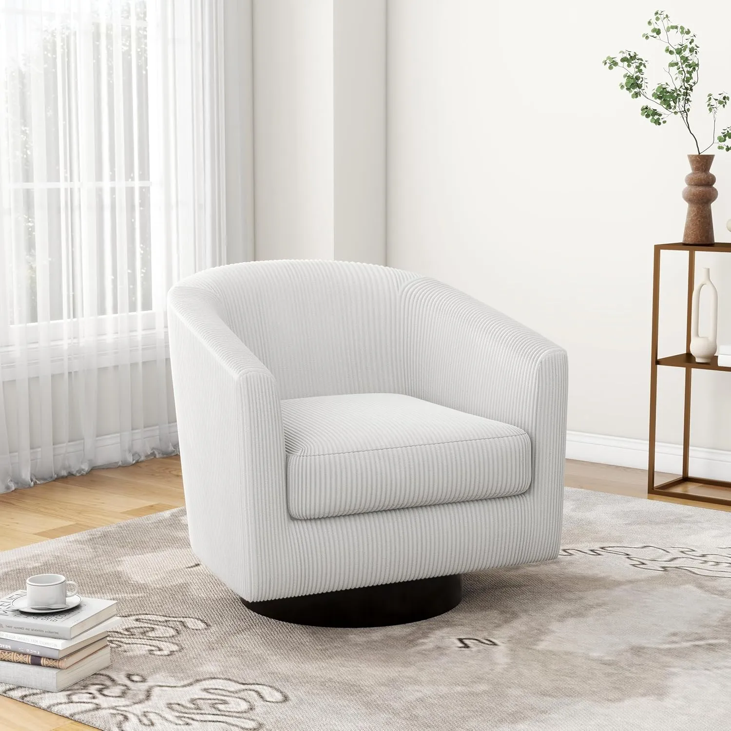 UIXE Swivel Accent Chair, Upholstered Corduroy Barrel Chair for Living Room, Small Single Sofa Bedroom Reading Seat, Beige