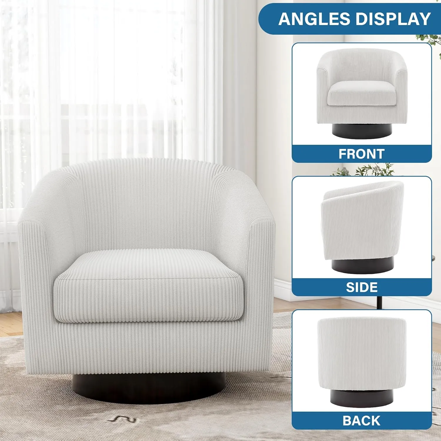UIXE Swivel Accent Chair, Upholstered Corduroy Barrel Chair for Living Room, Small Single Sofa Bedroom Reading Seat, Beige