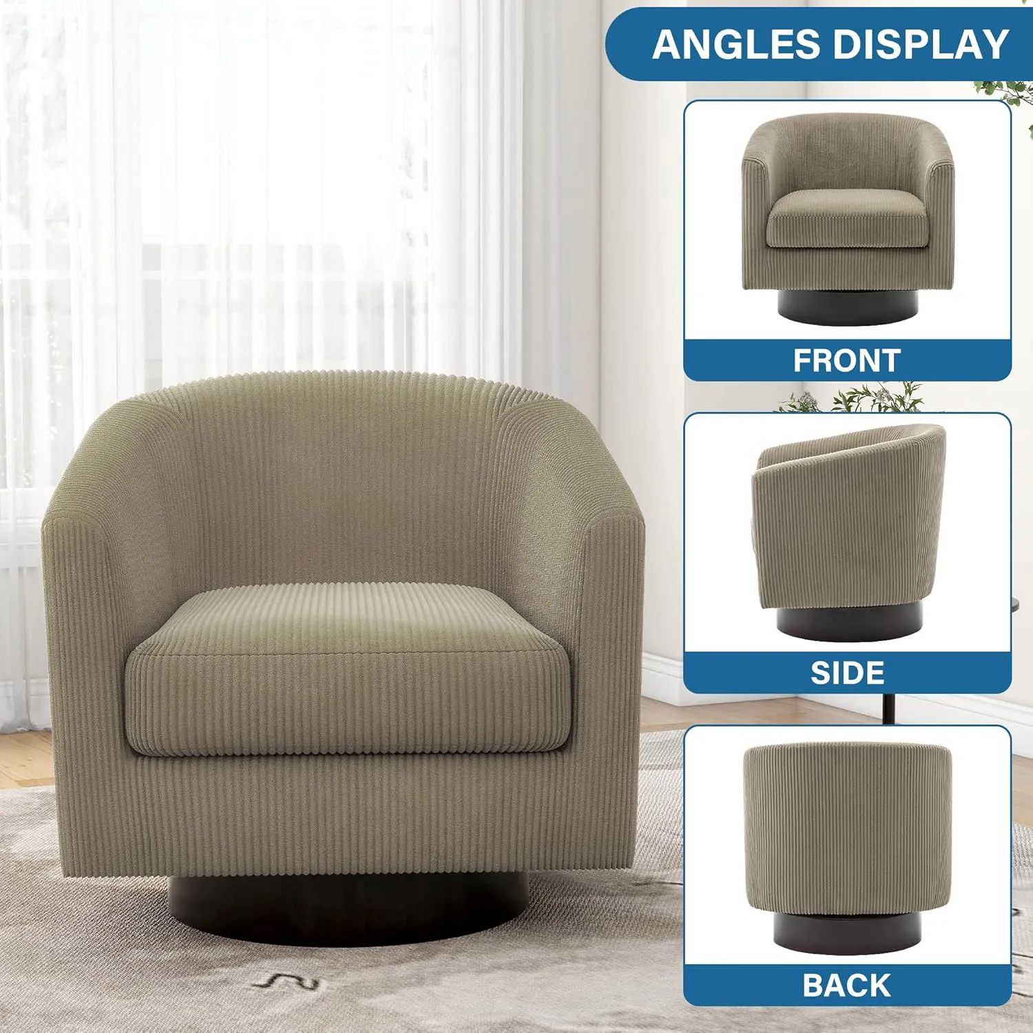 UIXE Swivel Accent Chair, Upholstered Corduroy Barrel Chair for Living Room, Small Single Sofa Bedroom Reading Seat, Camel
