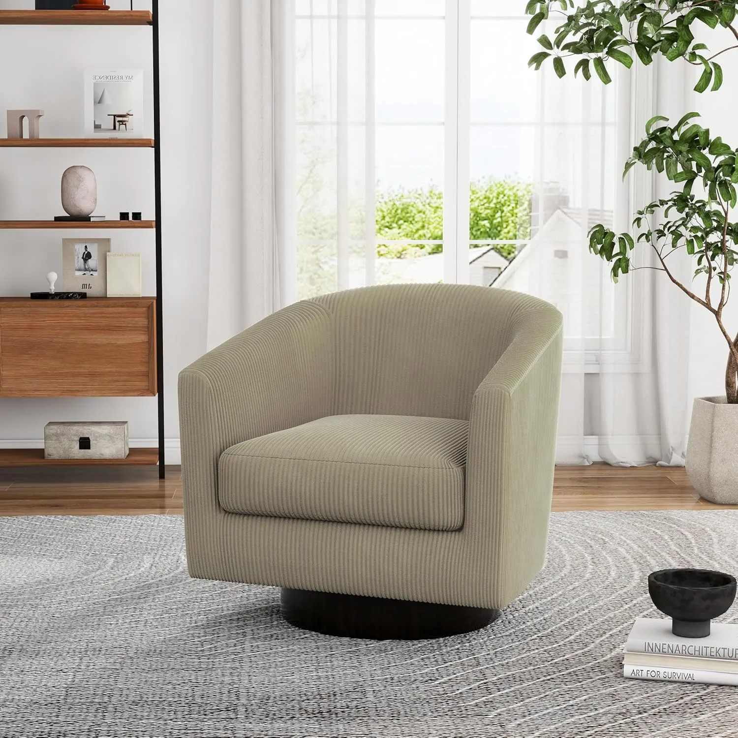 UIXE Swivel Accent Chair, Upholstered Corduroy Barrel Chair for Living Room, Small Single Sofa Bedroom Reading Seat, Camel