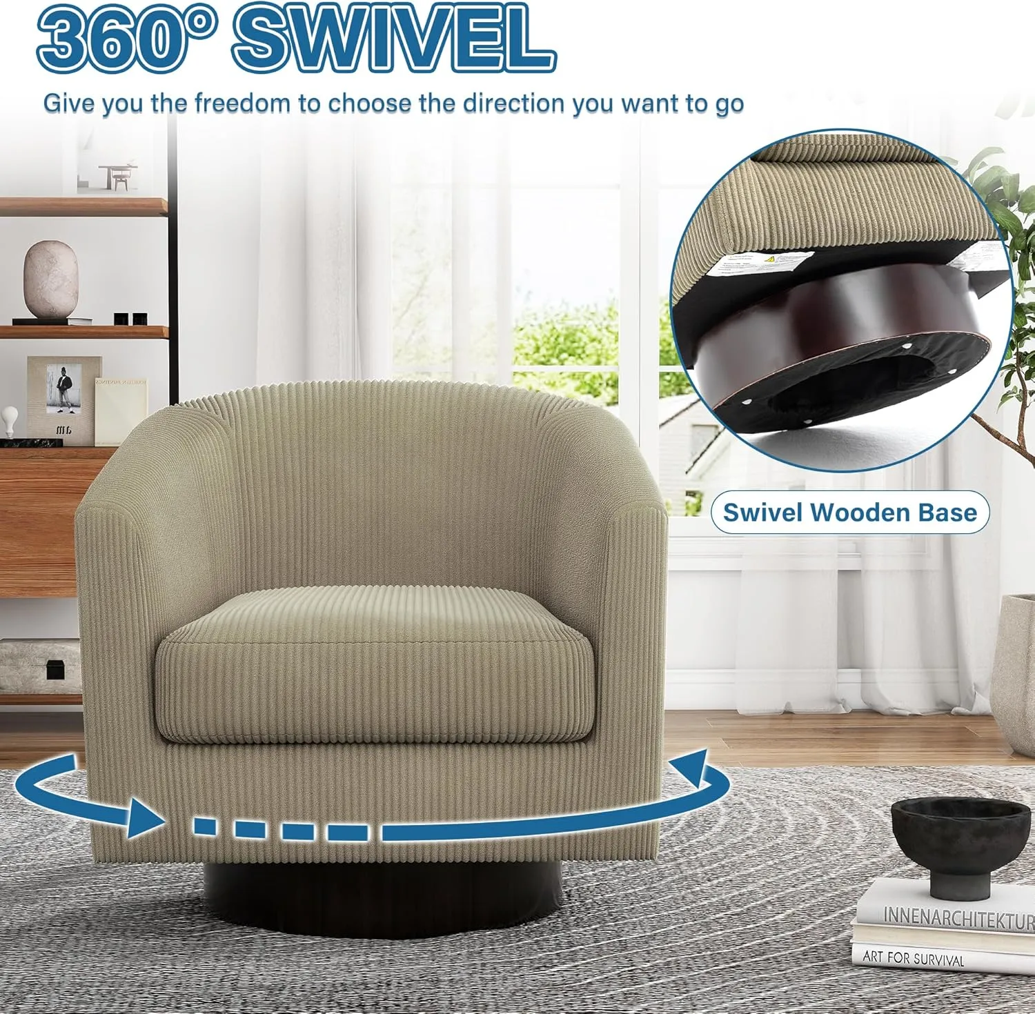 UIXE Swivel Accent Chair, Upholstered Corduroy Barrel Chair for Living Room, Small Single Sofa Bedroom Reading Seat, Camel