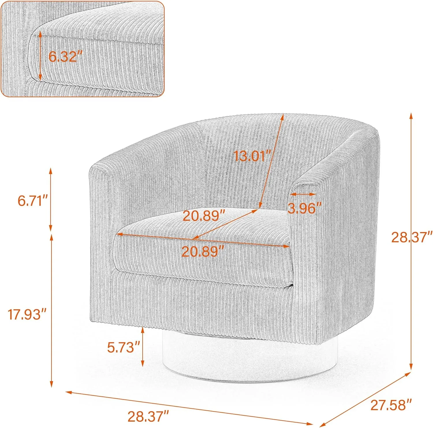 UIXE Swivel Accent Chair, Upholstered Corduroy Barrel Chair for Living Room, Small Single Sofa Bedroom Reading Seat, Camel