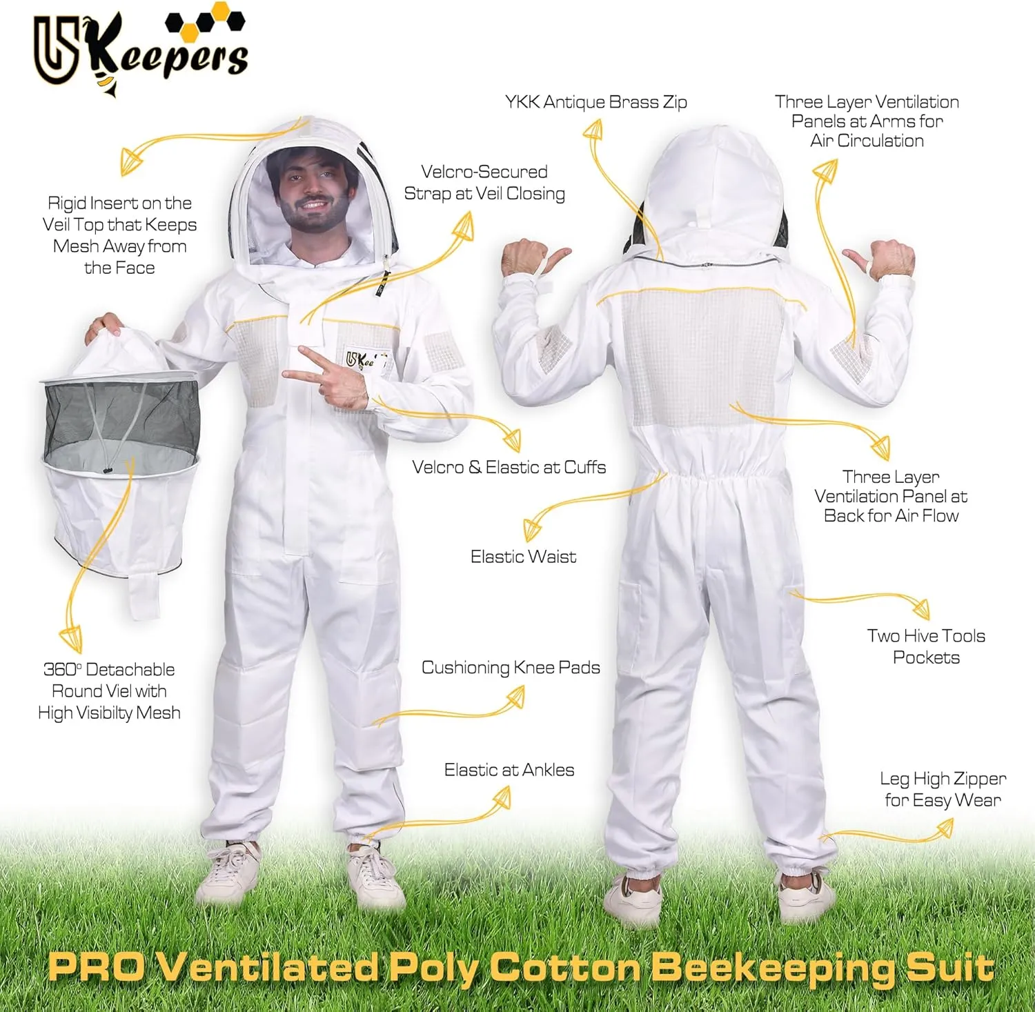 Ultra-Ventilated Polycotton Beekeeping Suit for Men & Women with Gloves & Two Beekeeping Veils-Professional & Beginner Apiarist Suit. (Sv, S)