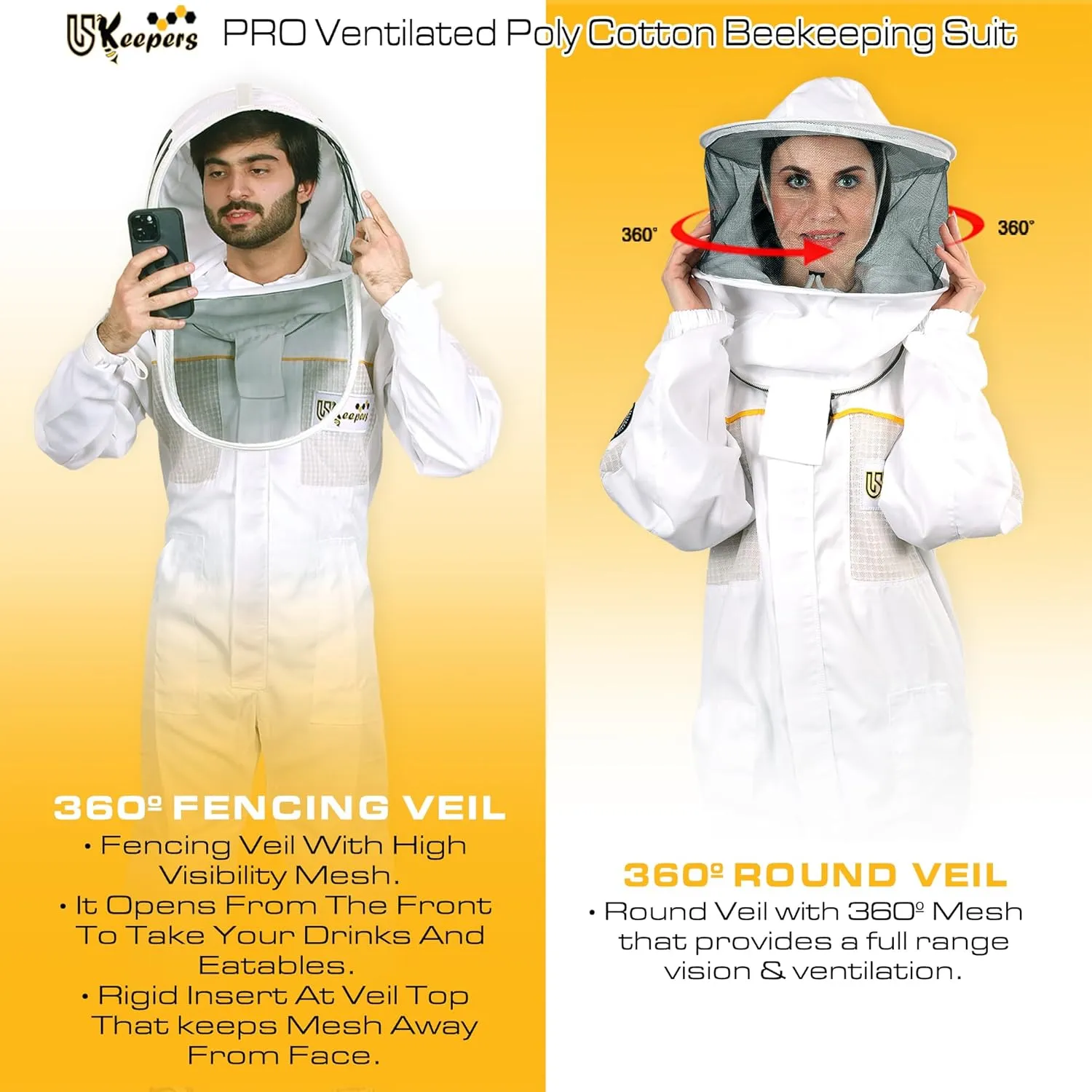 Ultra-Ventilated Polycotton Beekeeping Suit for Men & Women with Gloves & Two Beekeeping Veils-Professional & Beginner Apiarist Suit. (Sv, S)