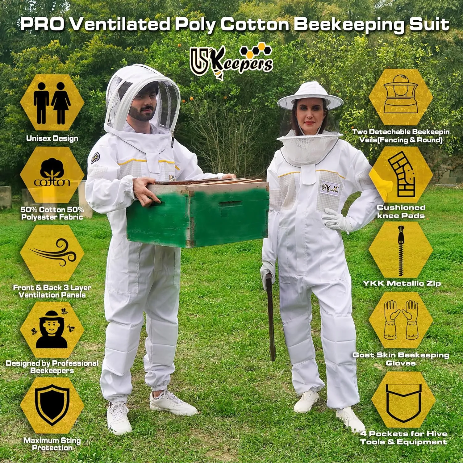 Ultra-Ventilated Polycotton Beekeeping Suit for Men & Women with Gloves & Two Beekeeping Veils-Professional & Beginner Apiarist Suit. (Sv, S)
