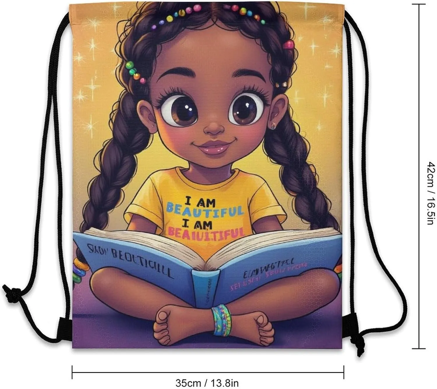 Unisex-Adult Drawstring Backpack African American Cute Black Book Art with Inner Pocket, Waterproof Lightweight Gifts Draw String Bags for Women and Men