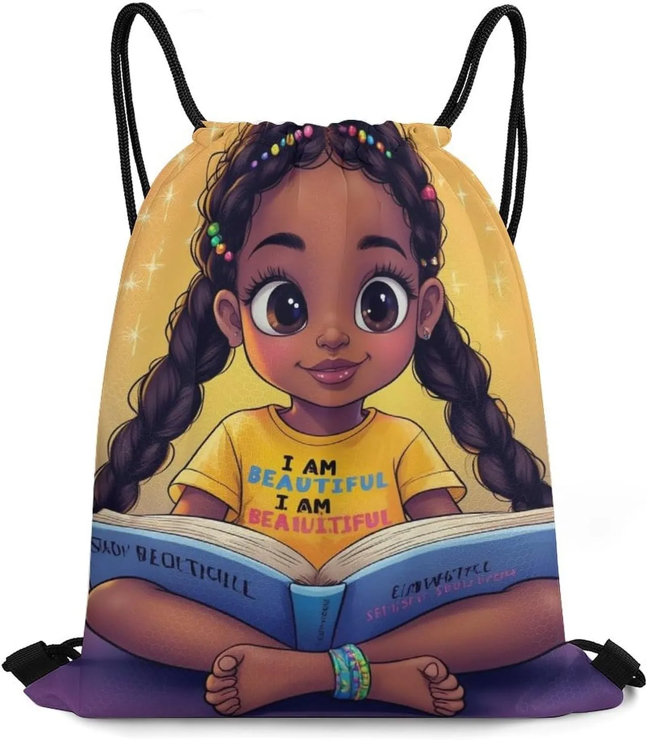 Unisex-Adult Drawstring Backpack African American Cute Black Book Art with Inner Pocket, Waterproof Lightweight Gifts Draw String Bags for Women and Men