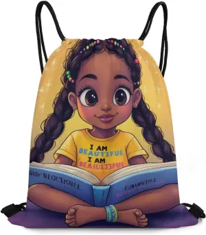 Unisex-Adult Drawstring Backpack African American Cute Black Book Art with Inner Pocket, Waterproof Lightweight Gifts Draw String Bags for Women and Men