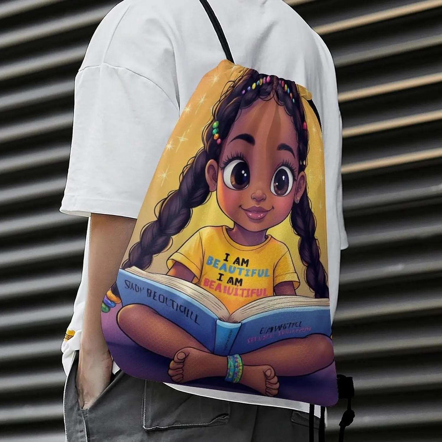 Unisex-Adult Drawstring Backpack African American Cute Black Book Art with Inner Pocket, Waterproof Lightweight Gifts Draw String Bags for Women and Men