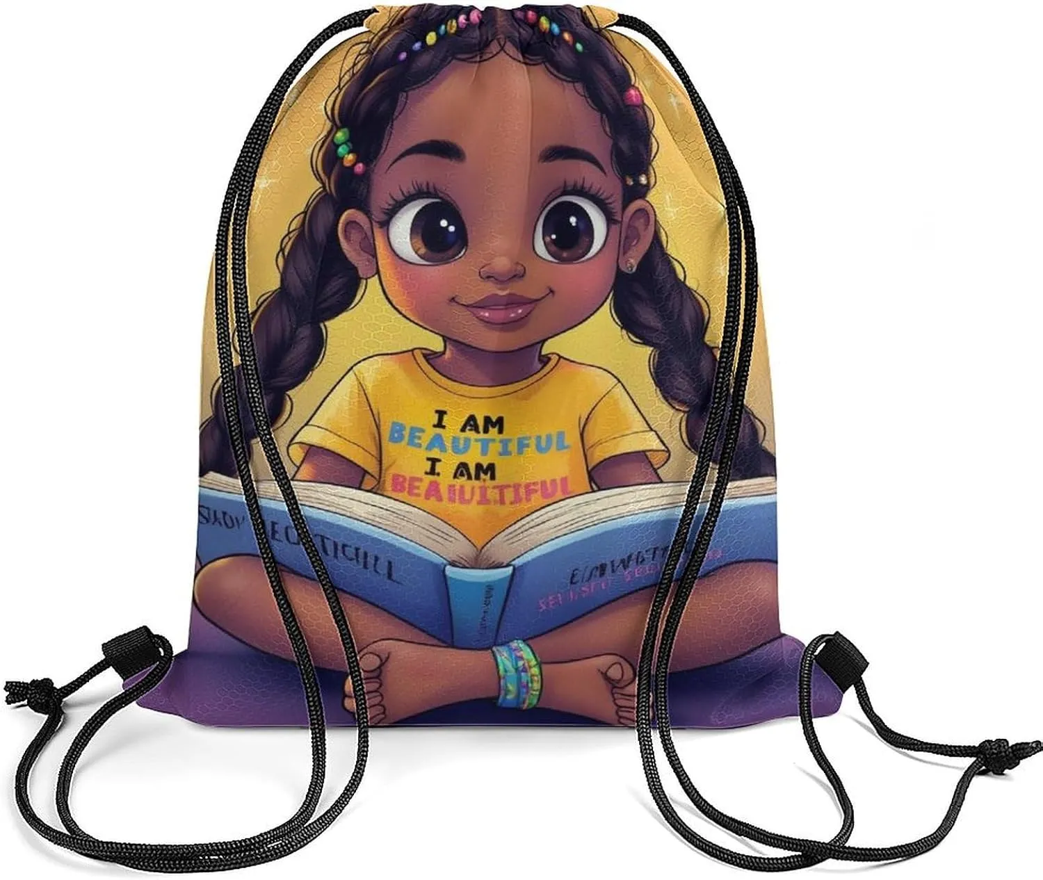 Unisex-Adult Drawstring Backpack African American Cute Black Book Art with Inner Pocket, Waterproof Lightweight Gifts Draw String Bags for Women and Men