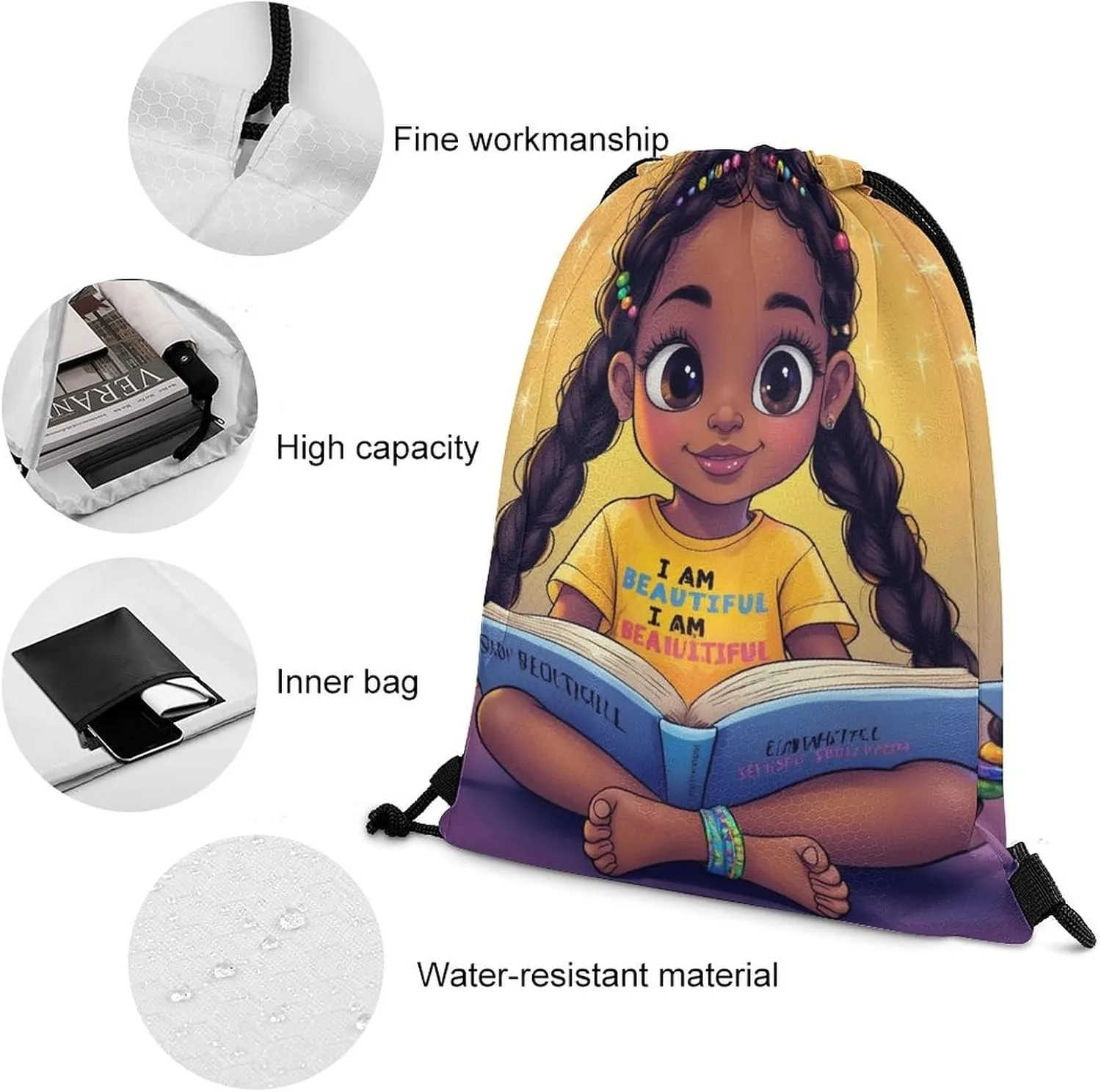 Unisex-Adult Drawstring Backpack African American Cute Black Book Art with Inner Pocket, Waterproof Lightweight Gifts Draw String Bags for Women and Men
