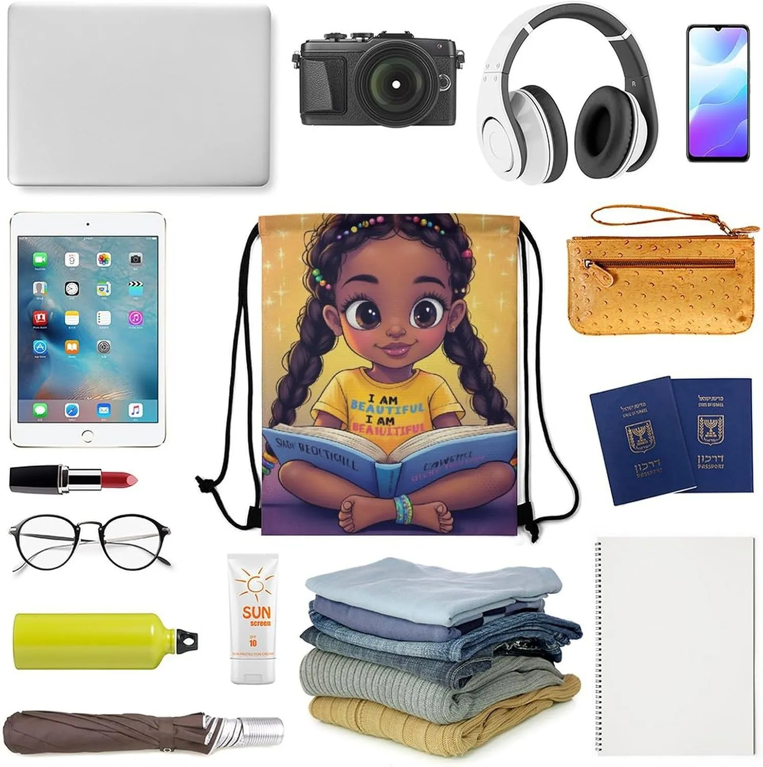 Unisex-Adult Drawstring Backpack African American Cute Black Book Art with Inner Pocket, Waterproof Lightweight Gifts Draw String Bags for Women and Men