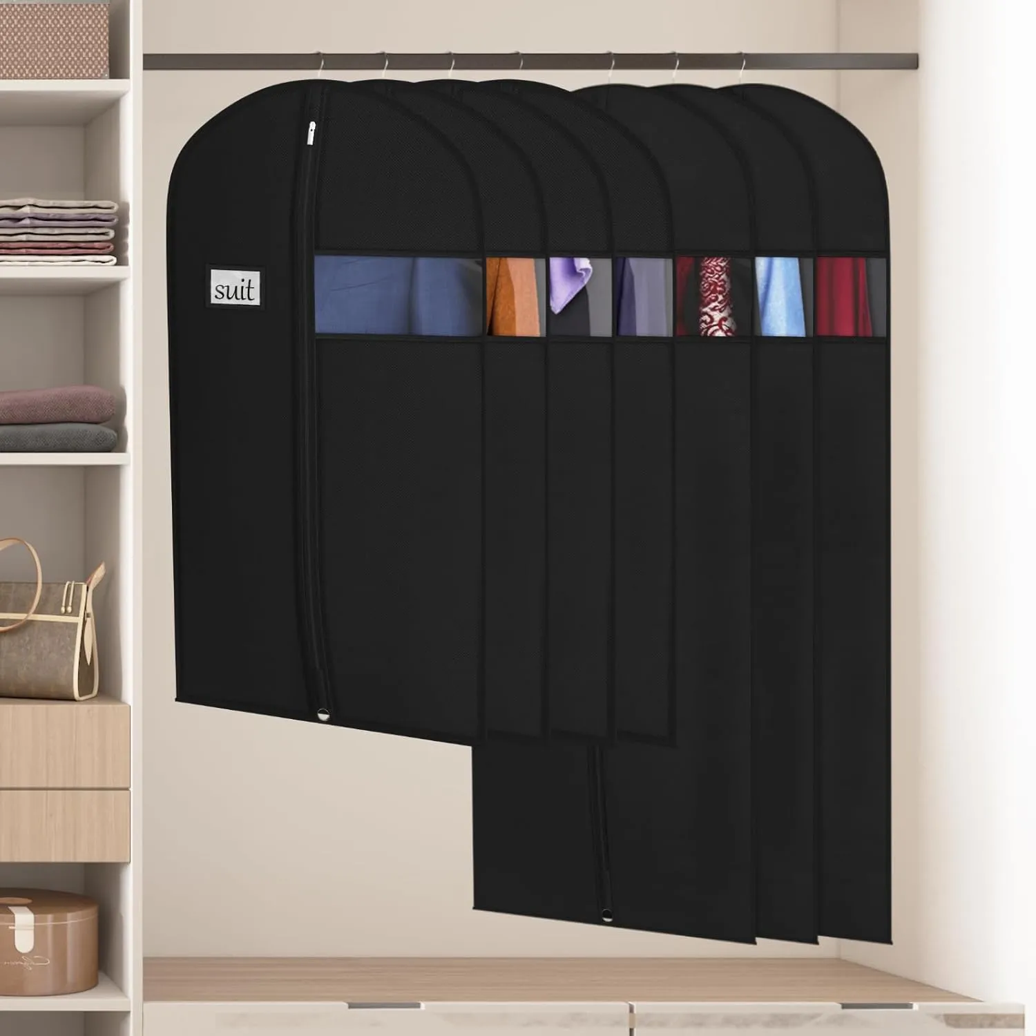 Univivi 5 Pack Garment Bags for Hanging Clothes, 60 Inch Dress Cover with Clear Window and ID Card Holder, Breathable Full Zipper Dust Cover for Dresses, Coats, Jackets