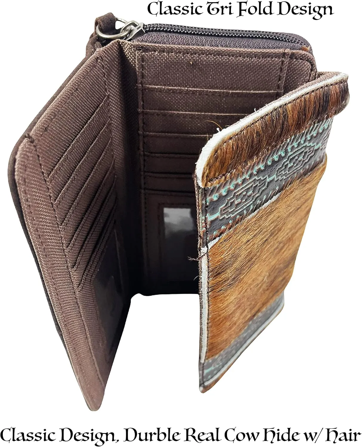 Urbalabs Cowhair Genuine Leather Women Western Wallets Tri Fold and Pouch Clutch Bag Leather Fringe Purse Cell Phone Holder Tooled Wallet For Women Cowgirl Small Clutch Hand Stitched (White Blue)