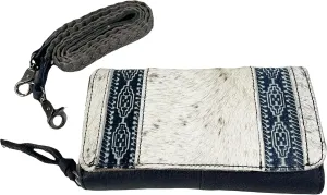 Urbalabs Cowhair Genuine Leather Women Western Wallets Tri Fold and Pouch Clutch Bag Leather Fringe Purse Cell Phone Holder Tooled Wallet For Women Cowgirl Small Clutch Hand Stitched (White Blue)