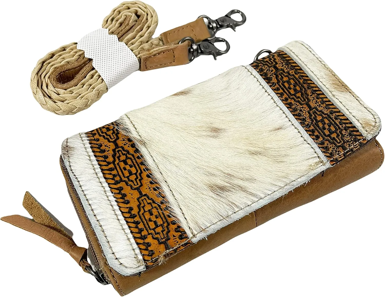 Urbalabs Cowhair Genuine Leather Women Western Wallets Tri Fold and Pouch Clutch Bag Leather Fringe Purse Cell Phone Holder Tooled Wallet For Women Cowgirl Small Clutch Hand Stitched (White Brown)
